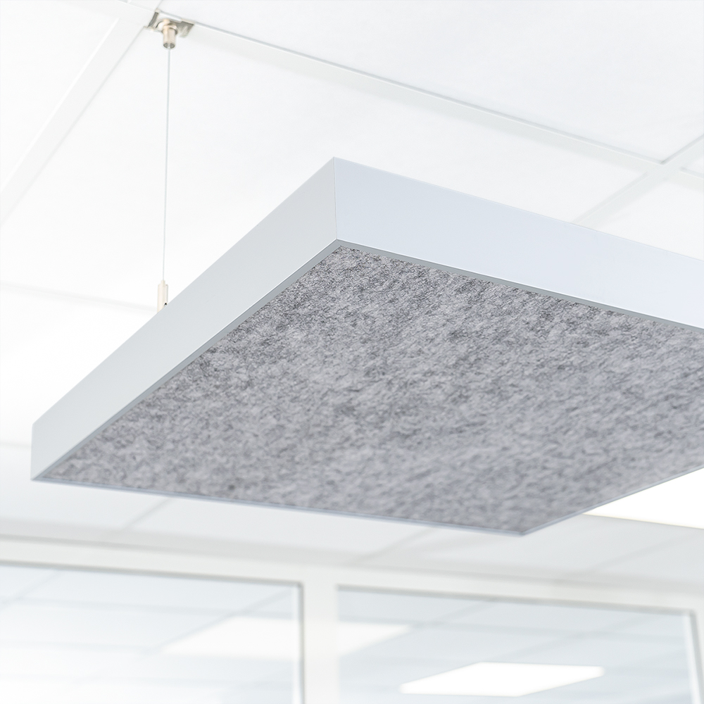 Artikelbild QP SilenceCore PAD PET Vlies Akustikpaneele Deckensegel mit Alu-Rahmen 1500g/m B1 grau 600x600x50mm