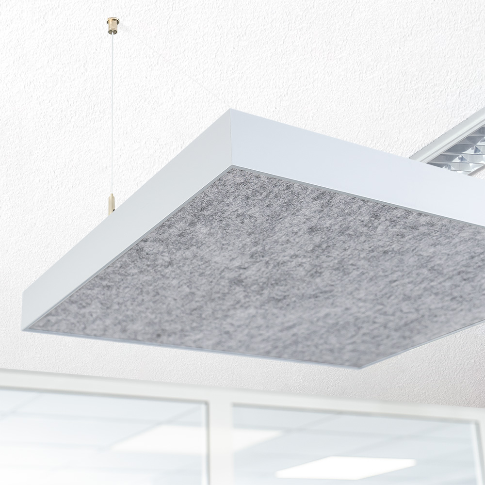 Artikelbild QP SilenceCore PAD PET Vlies Akustikpaneele Deckensegel mit Alu-Rahmen 1500g/m B1 grau 600x600x50mm