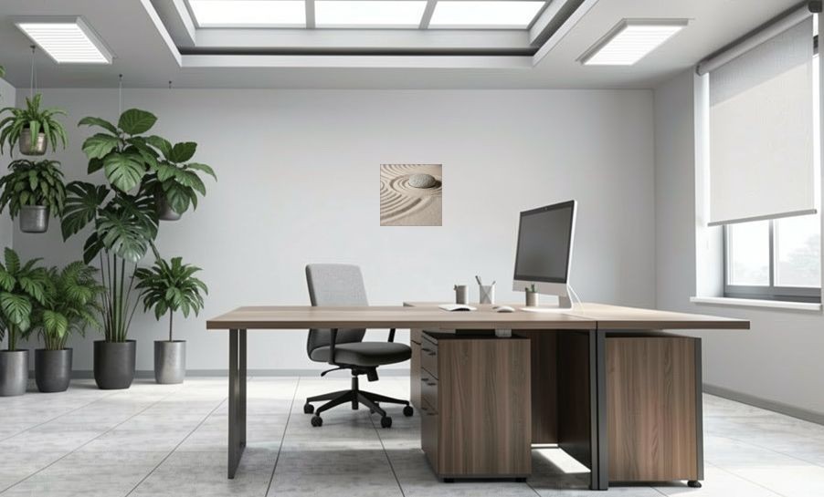 Artikelbild Akustikbild - Zen: Der Stein im Sand – Basotect® Schallabsorber im eloxierten Aluminiumrahmen 530x530x55mm