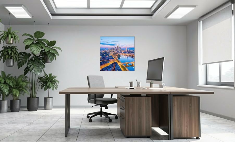 Artikelbild Akustikbild - Frankfurter Skyline am Main – Basotect® Schallabsorber im eloxierten Aluminiumrahmen 1030x1030x55mm