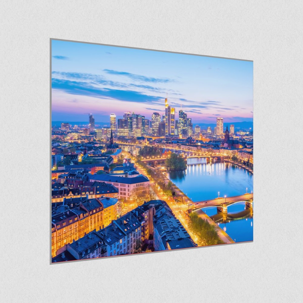 Artikelbild Akustikbild - Frankfurter Skyline am Main – Basotect® Schallabsorber im eloxierten Aluminiumrahmen 530x530x55mm