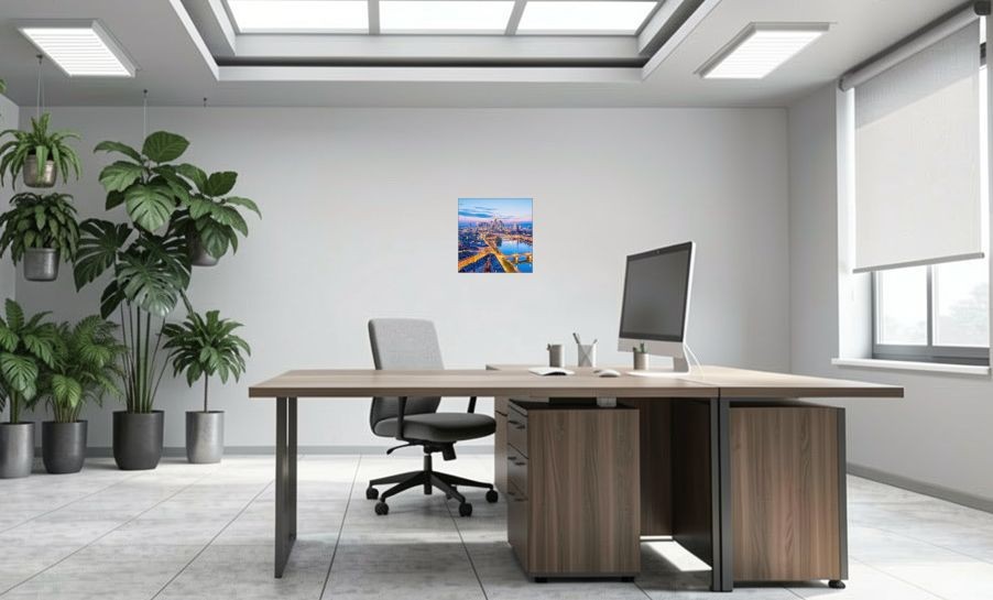 Artikelbild Akustikbild - Frankfurter Skyline am Main – Basotect® Schallabsorber im eloxierten Aluminiumrahmen 530x530x55mm