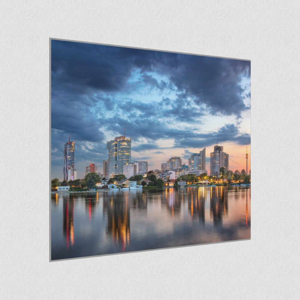 Artikelbild Akustikbild - Skyline Abenddämmerung – Basotect® Schallabsorber im eloxierten Aluminiumrahmen 530x530x55mm