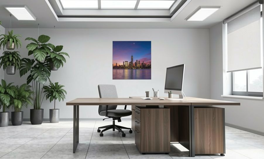 Artikelbild Akustikbild - New York City: Die beeindruckende Skyline und der Hudson River – Basotect® Schallabsorber im eloxierten Aluminiumrahmen 1030x1030x55mm