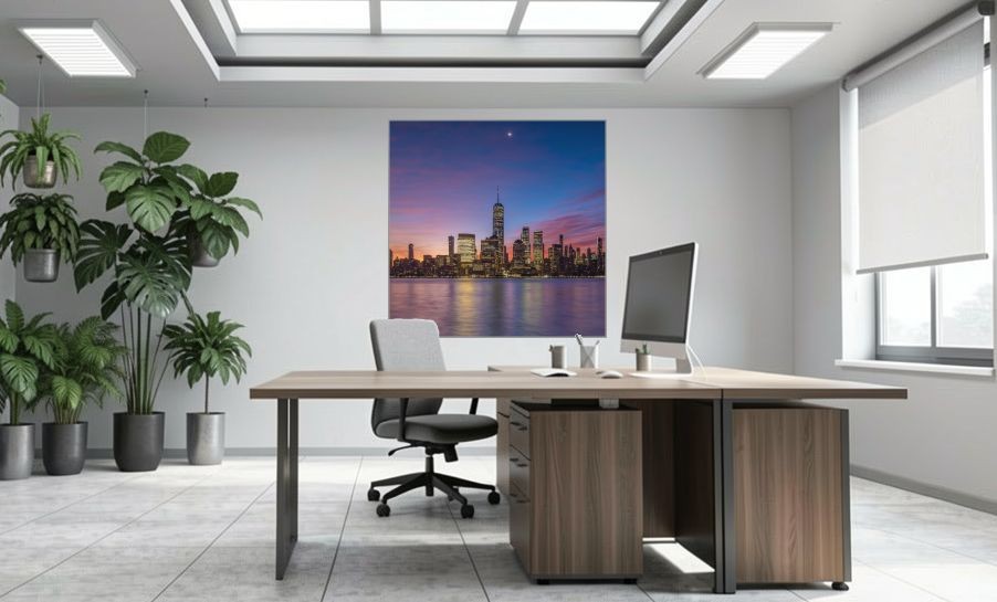 Artikelbild Akustikbild - New York City: Die beeindruckende Skyline und der Hudson River – Basotect® Schallabsorber im eloxierten Aluminiumrahmen 1530x1530x55mm