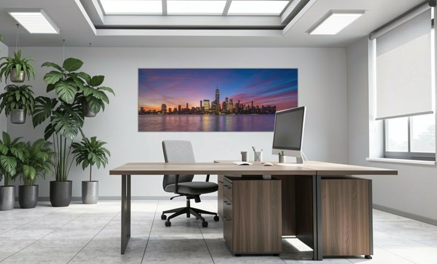 Artikelbild Akustikbild - New York City: Die beeindruckende Skyline und der Hudson River – Basotect® Schallabsorber im eloxierten Aluminiumrahmen 2530x1030x55mm