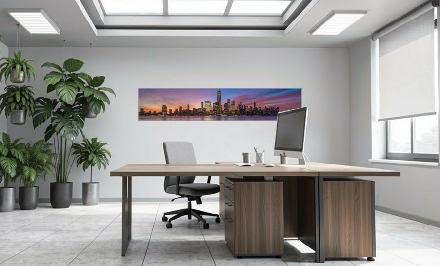 Artikelbild Akustikbild - New York City: Die beeindruckende Skyline und der Hudson River – Basotect® Schallabsorber im eloxierten Aluminiumrahmen 2530x530x55mm