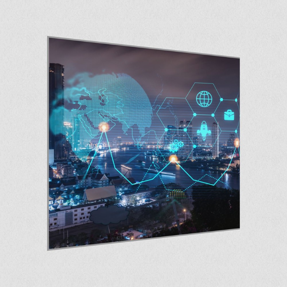 Artikelbild Akustikbild - Digitale Stadterkundung: Karte und Menü im Überblick – Basotect® Schallabsorber im eloxierten Aluminiumrahmen 530x530x55mm