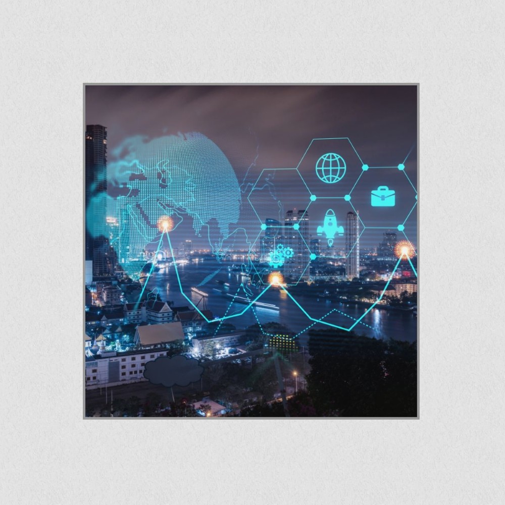 Artikelbild Akustikbild - Digitale Stadterkundung: Karte und Menü im Überblick – Basotect® Schallabsorber im eloxierten Aluminiumrahmen 530x530x55mm