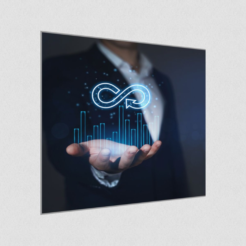 Artikelbild Akustikbild - Eine Hand präsentiert virtuelle Grafiken mit Leichtigkeit – Basotect® Schallabsorber im eloxierten Aluminiumrahmen 530x530x55mm