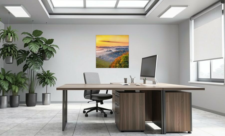 Artikelbild Akustikbild - Morgenrot mit Wald – Basotect® Schallabsorber im eloxierten Aluminiumrahmen 1030x1030x55mm