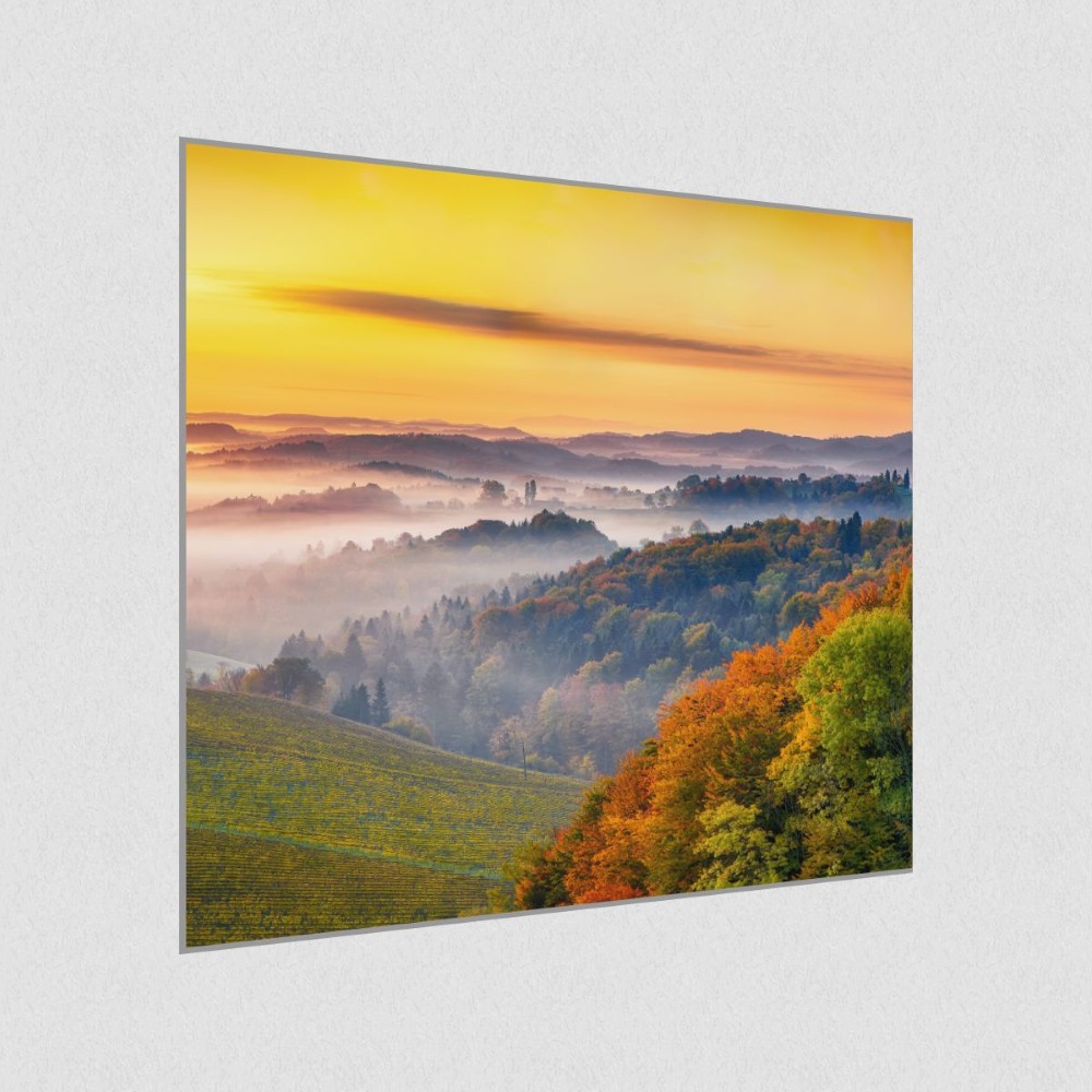 Artikelbild Akustikbild - Morgenrot mit Wald – Basotect® Schallabsorber im eloxierten Aluminiumrahmen 530x530x55mm
