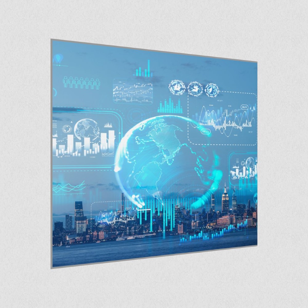 Artikelbild Akustikbild - Eine digitale Karte mit Infografiken und Kulisse der New Yorker Skyline – Basotect® Schallabsorber im eloxierten Aluminiumrahmen 1030x1030x55mm