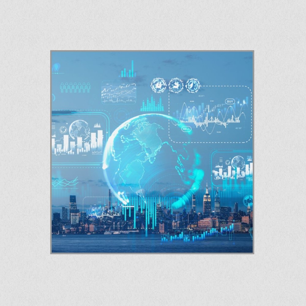 Artikelbild Akustikbild - Eine digitale Karte mit Infografiken und Kulisse der New Yorker Skyline – Basotect® Schallabsorber im eloxierten Aluminiumrahmen 1030x1030x55mm