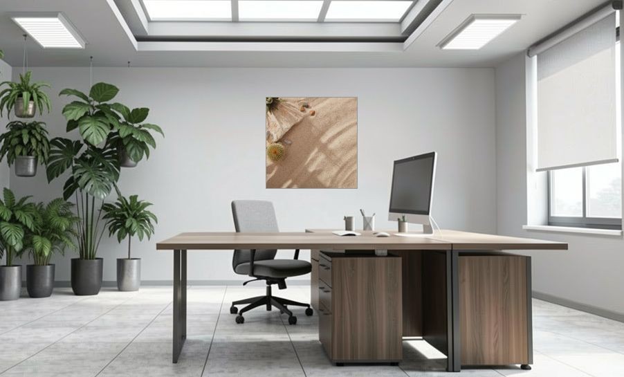 Artikelbild Akustikbild - Sommerstrand mit Steinen, Kakteen und Kies. – Basotect® Schallabsorber im eloxierten Aluminiumrahmen 1030x1030x55mm