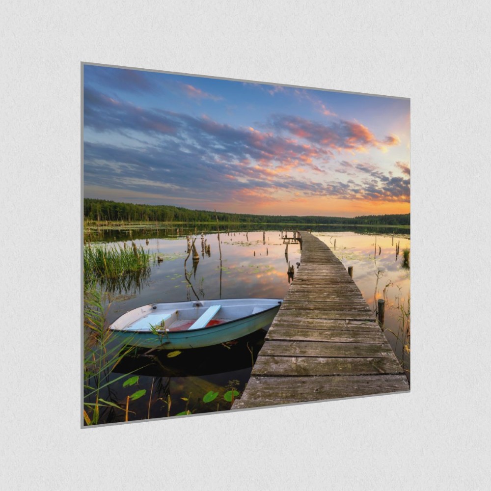 Artikelbild Akustikbild - Schöner Sommersonnenuntergang über dem See – Basotect® Schallabsorber im eloxierten Aluminiumrahmen 1030x1030x55mm