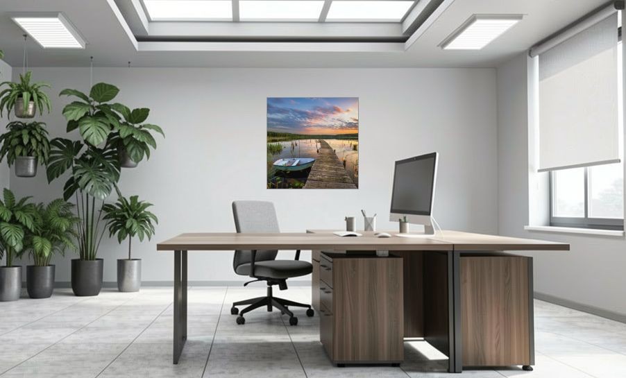 Artikelbild Akustikbild - Schöner Sommersonnenuntergang über dem See – Basotect® Schallabsorber im eloxierten Aluminiumrahmen 1030x1030x55mm