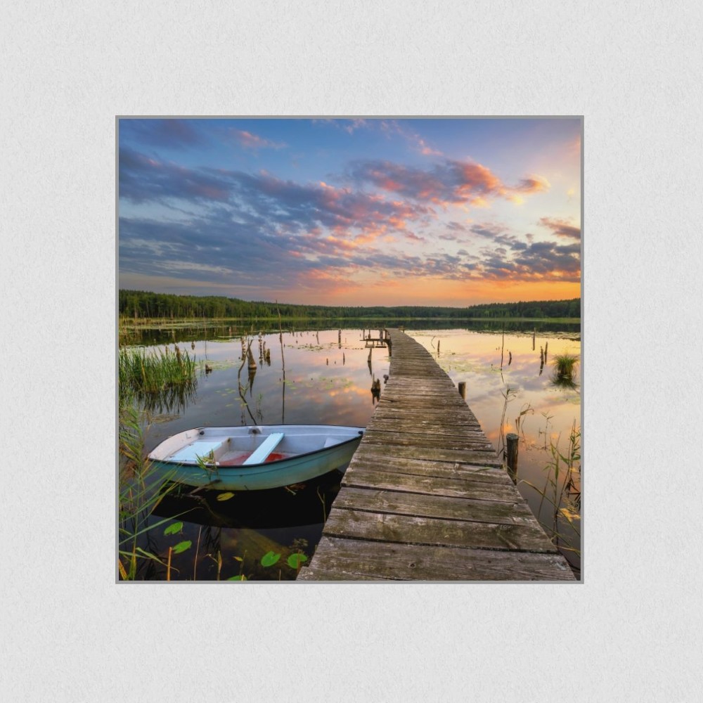 Artikelbild Akustikbild - Schöner Sommersonnenuntergang über dem See – Basotect® Schallabsorber im eloxierten Aluminiumrahmen 1030x1030x55mm