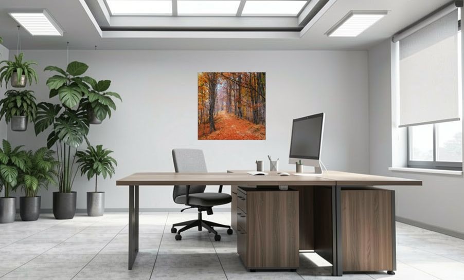 Artikelbild Akustikbild - Waldweg im Herbstwald – Basotect® Schallabsorber im eloxierten Aluminiumrahmen 1030x1030x55mm
