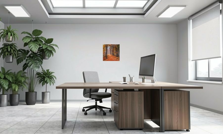 Artikelbild Akustikbild - Waldweg im Herbstwald – Basotect® Schallabsorber im eloxierten Aluminiumrahmen 530x530x55mm