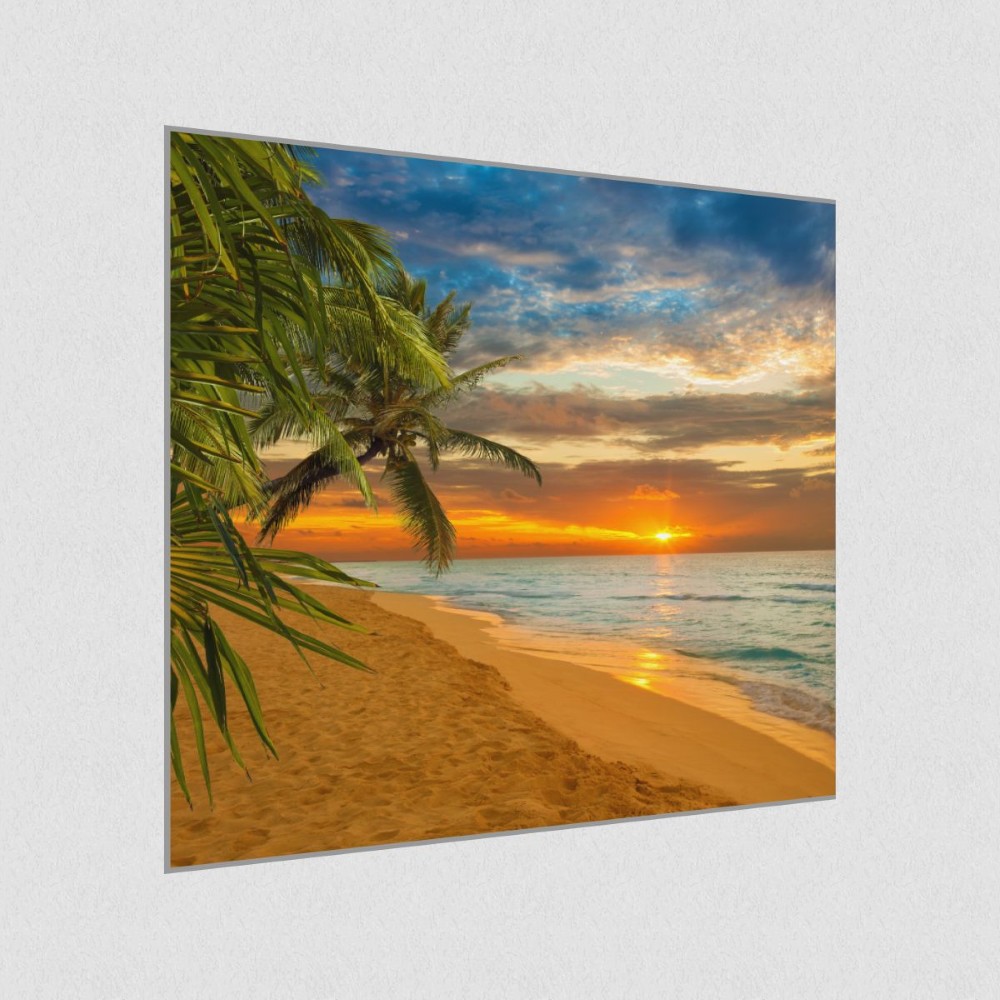 Artikelbild Akustikbild - Palmen im Sonnenuntergang – Basotect® Schallabsorber im eloxierten Aluminiumrahmen 530x530x55mm