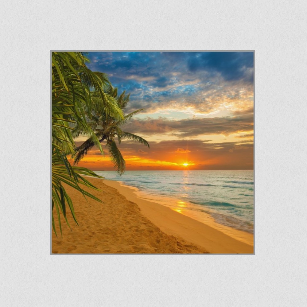 Artikelbild Akustikbild - Palmen im Sonnenuntergang – Basotect® Schallabsorber im eloxierten Aluminiumrahmen 530x530x55mm