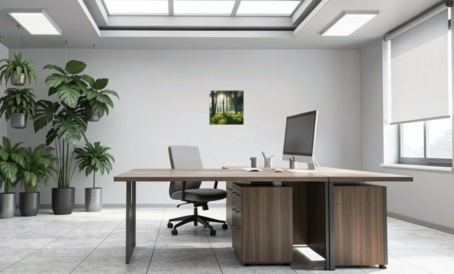 Artikelbild Akustikbild - Sonnenaufgang im Wald – Basotect® Schallabsorber im eloxierten Aluminiumrahmen 530x530x55mm