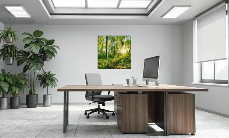 Artikelbild Akustikbild - Sonnenuntergang im Wald – Basotect® Schallabsorber im eloxierten Aluminiumrahmen 1030x1030x55mm