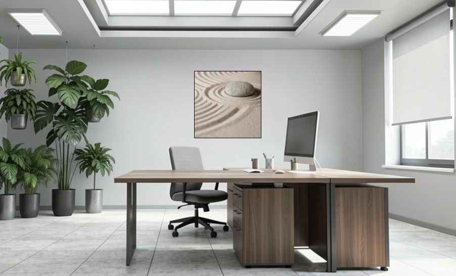 Artikelbild Akustikbild - Zen: Der Stein im Sand – Basotect® Schallabsorber im schwarzen Aluminiumrahmen 1030x1030x55mm