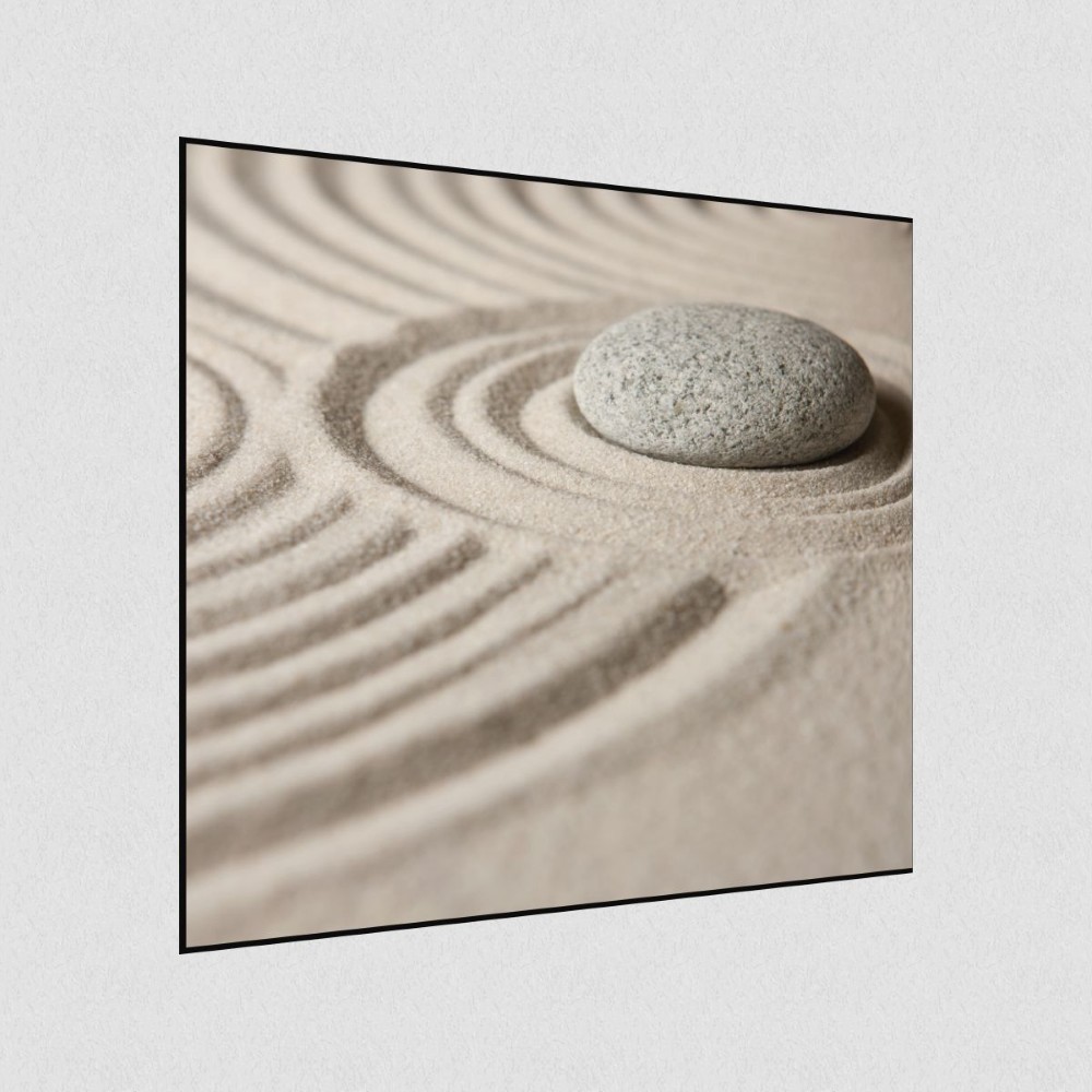 Artikelbild Akustikbild - Zen: Der Stein im Sand – Basotect® Schallabsorber im schwarzen Aluminiumrahmen 530x530x55mm