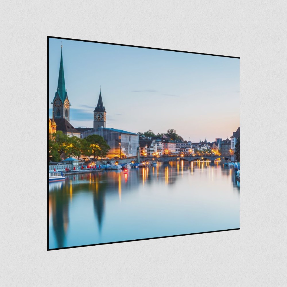 Artikelbild Akustikbild - Zürich am Wasser: Ein atemberaubender Blick auf die Stadt – Basotect® Schallabsorber im schwarzen Aluminiumrahmen 530x530x55mm