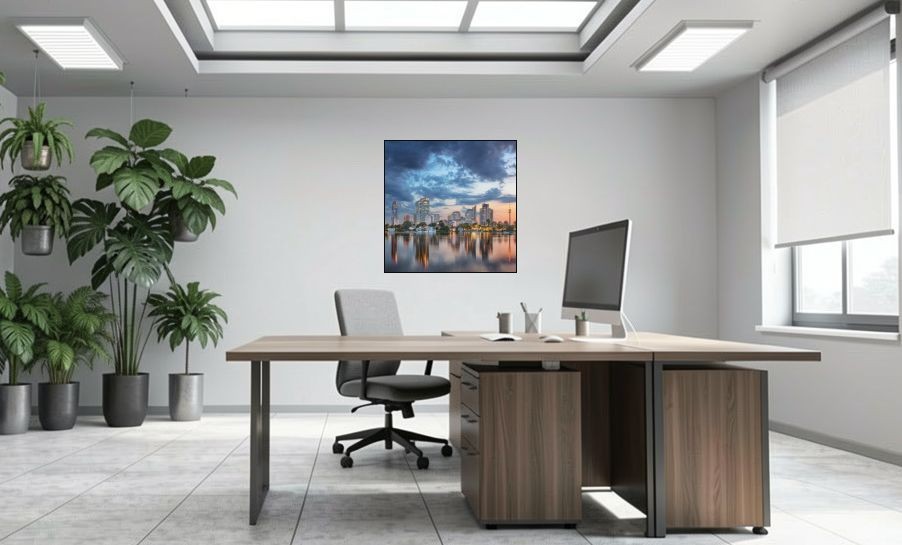 Artikelbild Akustikbild - Skyline Abenddämmerung – Basotect® Schallabsorber im schwarzen Aluminiumrahmen 1030x1030x55mm