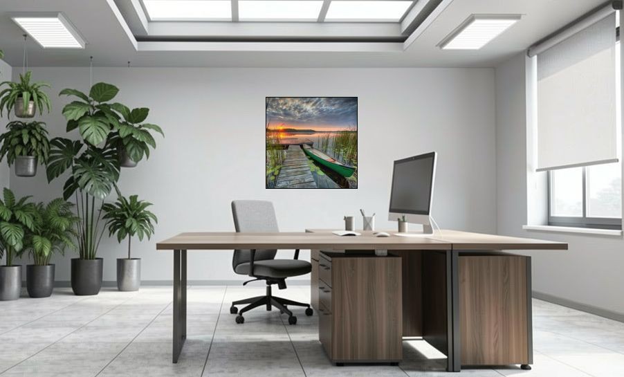 Artikelbild Akustikbild - Beautiful sunrise over lake covered with water lily – Basotect® Schallabsorber im schwarzen Aluminiumrahmen 1030x1030x55mm
