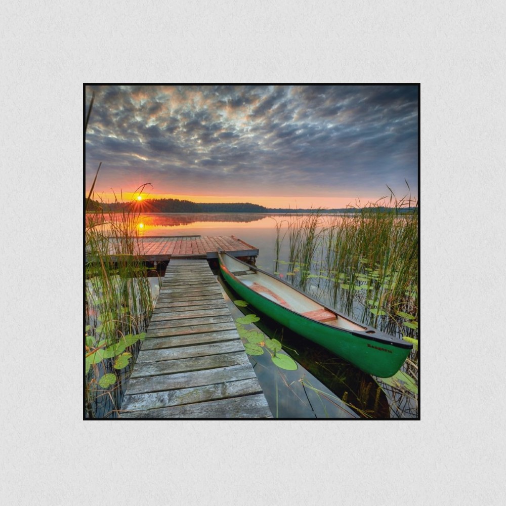 Artikelbild Akustikbild - Beautiful sunrise over lake covered with water lily – Basotect® Schallabsorber im schwarzen Aluminiumrahmen 530x530x55mm