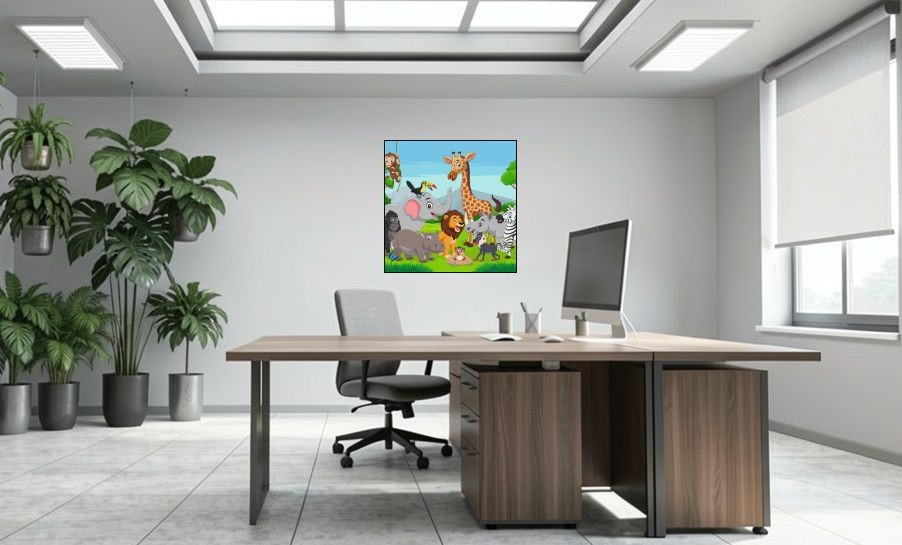 Artikelbild Akustikbild - Comic Tierwelt – Basotect® Schallabsorber im schwarzen Aluminiumrahmen 1030x1030x55mm
