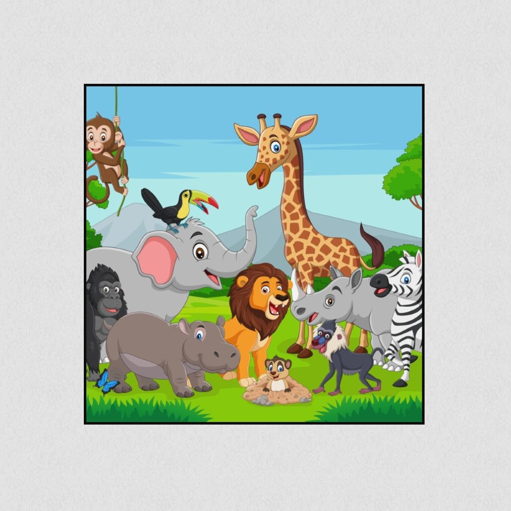 Artikelbild Akustikbild - Comic Tierwelt – Basotect® Schallabsorber im schwarzen Aluminiumrahmen 530x530x55mm