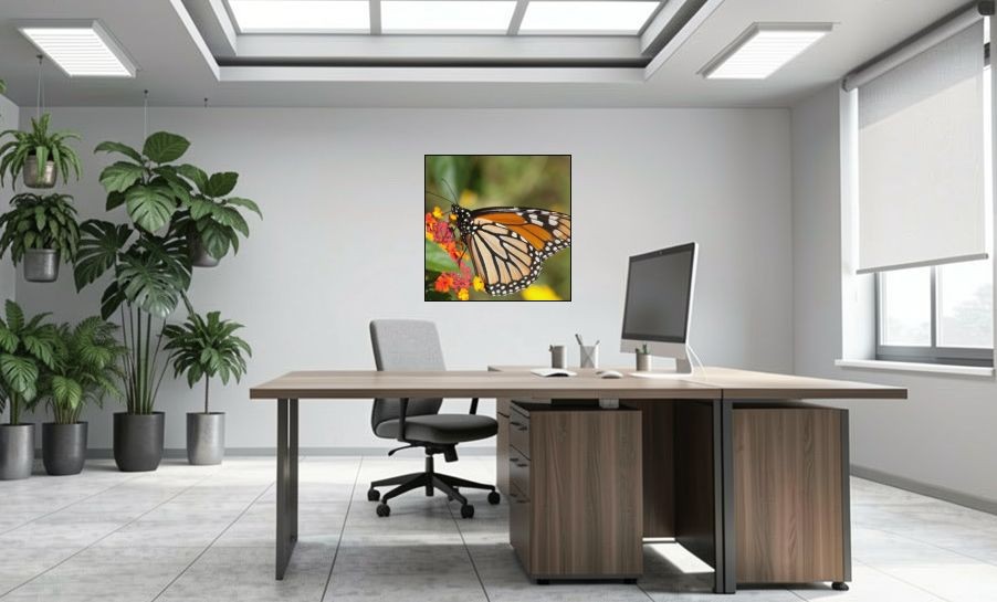 Artikelbild Akustikbild - Schmetterling im Blütenrausch – Basotect® Schallabsorber im schwarzen Aluminiumrahmen 1030x1030x55mm