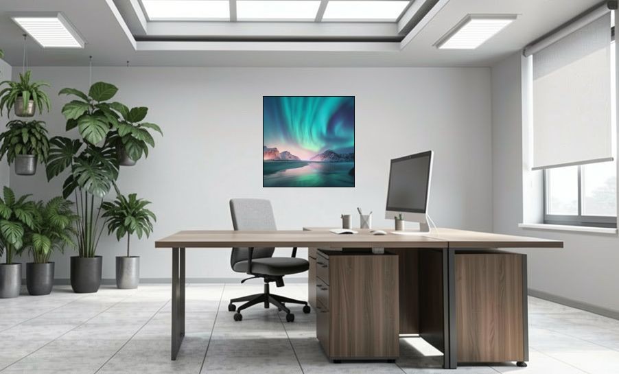Artikelbild Akustikbild - Aurora Borealis – Basotect® Schallabsorber im schwarzen Aluminiumrahmen 1030x1030x55mm