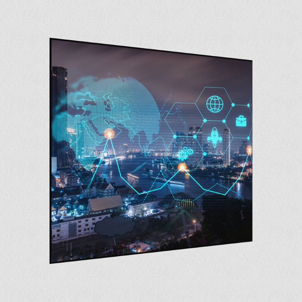 Artikelbild Akustikbild - Digitale Stadterkundung: Karte und Menü im Überblick – Basotect® Schallabsorber im schwarzen Aluminiumrahmen 530x530x55mm