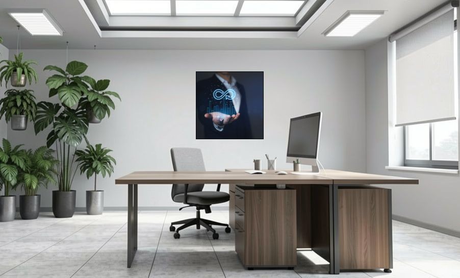 Artikelbild Akustikbild - Eine Hand präsentiert virtuelle Grafiken mit Leichtigkeit – Basotect® Schallabsorber im schwarzen Aluminiumrahmen 1030x1030x55mm