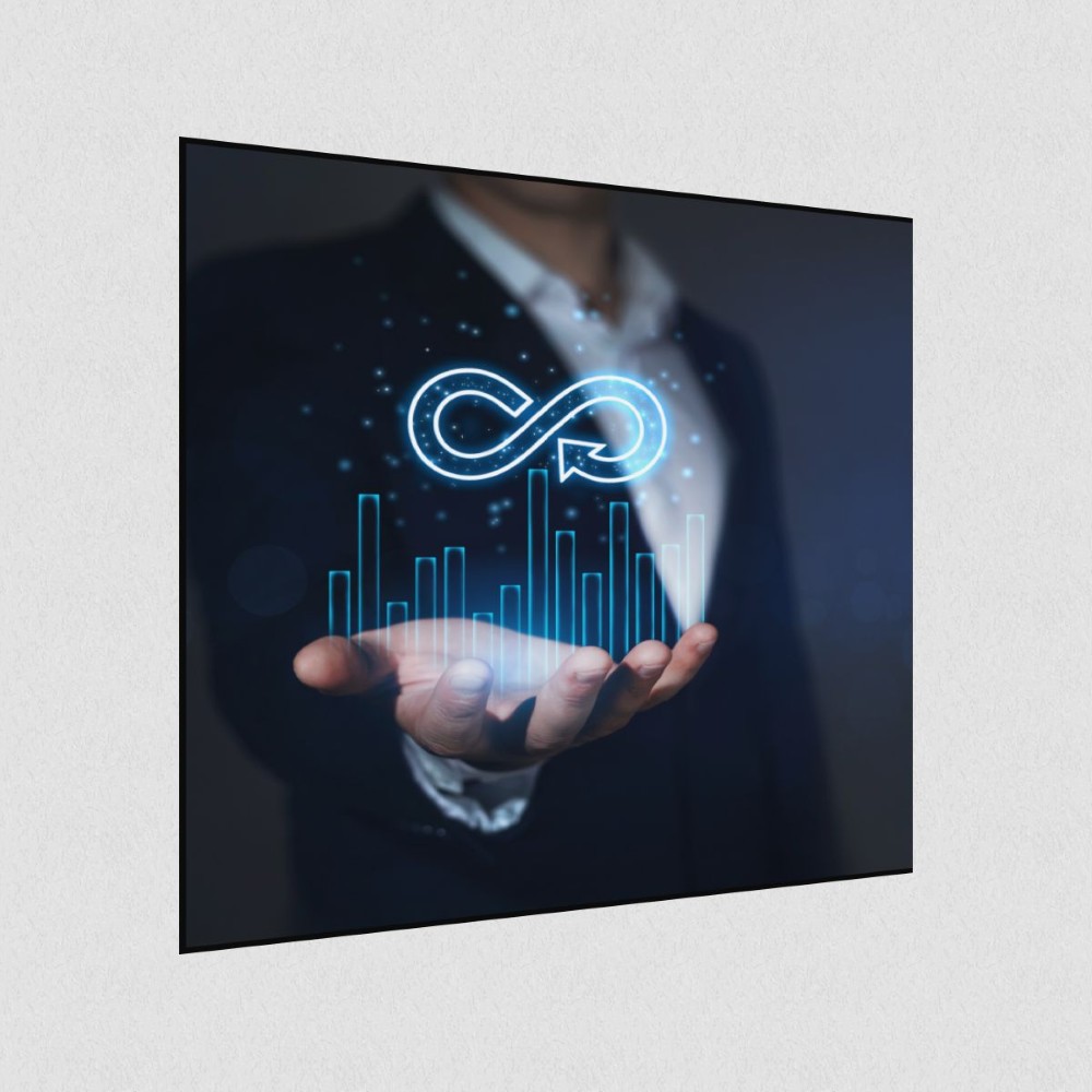 Artikelbild Akustikbild - Eine Hand präsentiert virtuelle Grafiken mit Leichtigkeit – Basotect® Schallabsorber im schwarzen Aluminiumrahmen 530x530x55mm