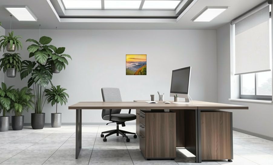Artikelbild Akustikbild - Morgenrot mit Wald – Basotect® Schallabsorber im schwarzen Aluminiumrahmen 530x530x55mm