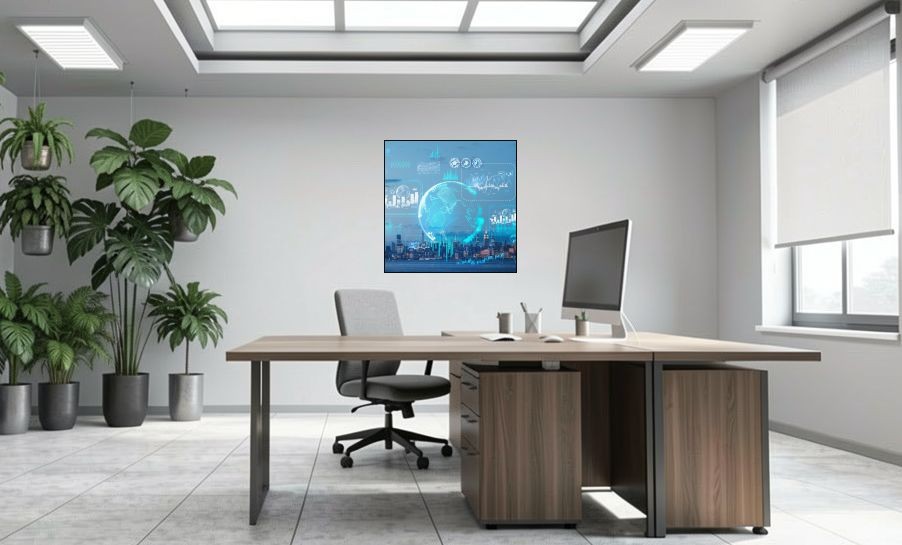 Artikelbild Akustikbild - Eine digitale Karte mit Infografiken und Kulisse der New Yorker Skyline – Basotect® Schallabsorber im schwarzen Aluminiumrahmen 1030x1030x55mm