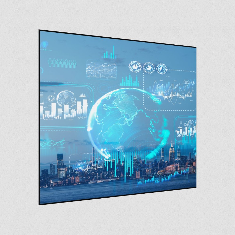Artikelbild Akustikbild - Eine digitale Karte mit Infografiken und Kulisse der New Yorker Skyline – Basotect® Schallabsorber im schwarzen Aluminiumrahmen 530x530x55mm