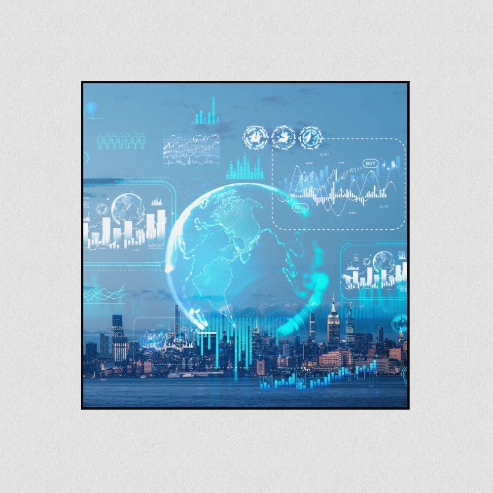 Artikelbild Akustikbild - Eine digitale Karte mit Infografiken und Kulisse der New Yorker Skyline – Basotect® Schallabsorber im schwarzen Aluminiumrahmen 530x530x55mm
