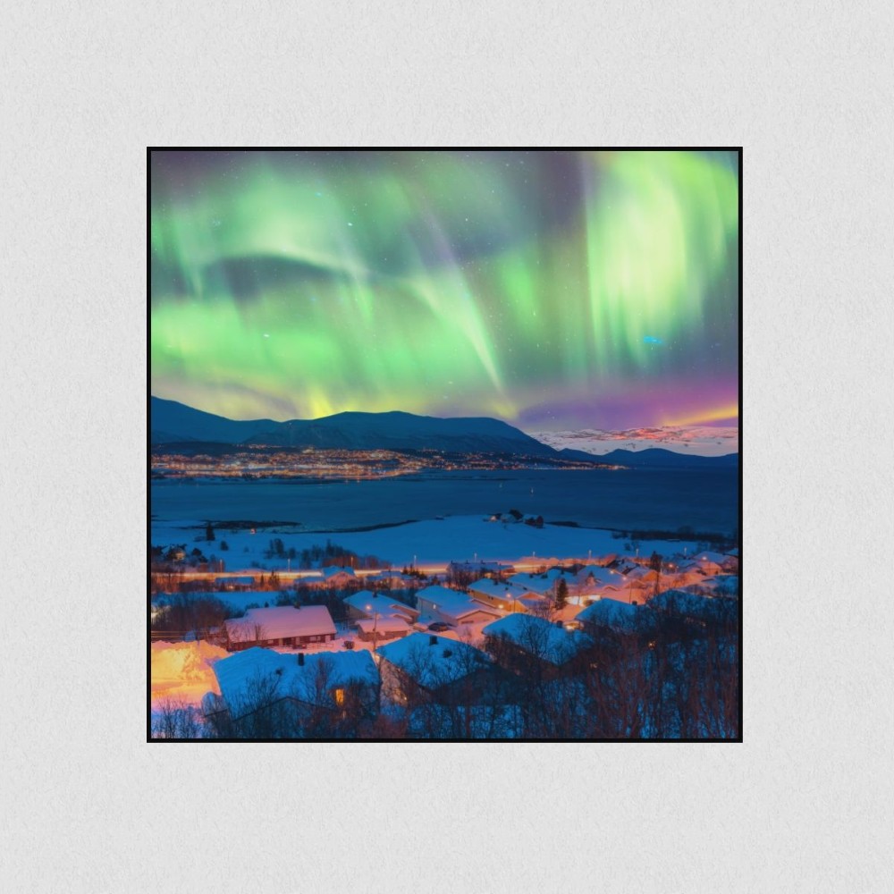 Artikelbild Akustikbild - Nordlicht am Polarkreis – Basotect® Schallabsorber im schwarzen Aluminiumrahmen 530x530x55mm