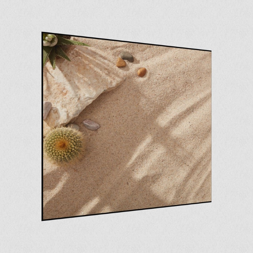 Artikelbild Akustikbild - Sommerstrand mit Steinen, Kakteen und Kies. – Basotect® Schallabsorber im schwarzen Aluminiumrahmen 530x530x55mm