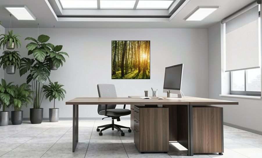 Artikelbild Akustikbild - Birkenhain bei Sonnenaufgang im Frühling – Basotect® Schallabsorber im schwarzen Aluminiumrahmen 1030x1030x55mm