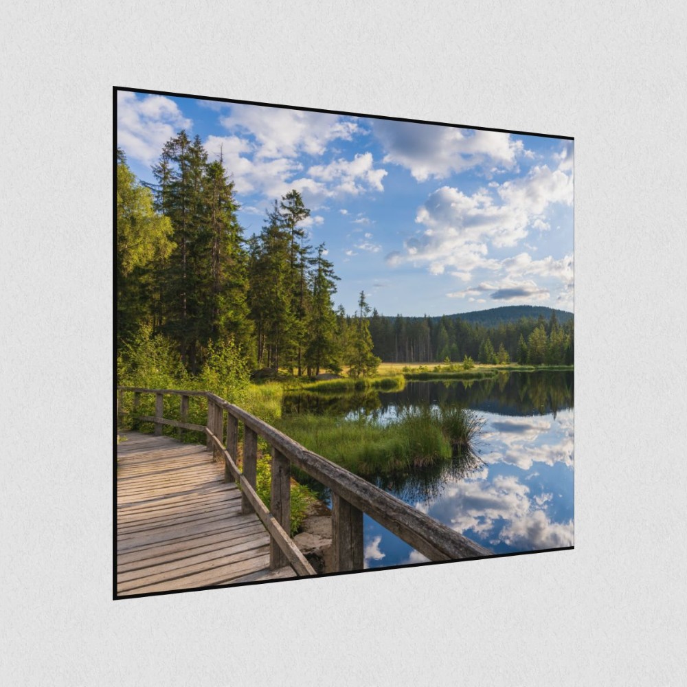 Artikelbild Akustikbild - Brücke am Teich – Basotect® Schallabsorber im schwarzen Aluminiumrahmen 530x530x55mm
