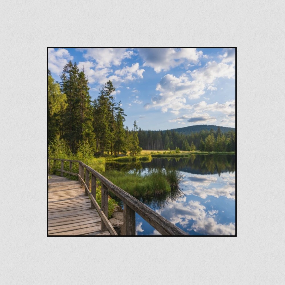 Artikelbild Akustikbild - Brücke am Teich – Basotect® Schallabsorber im schwarzen Aluminiumrahmen 530x530x55mm